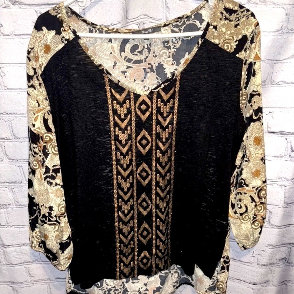 Miss Me Black Gold Floral Paisley Sequin VNeck Tunic Blouse Long Sleeve Sz Large - Picture 1 of 5